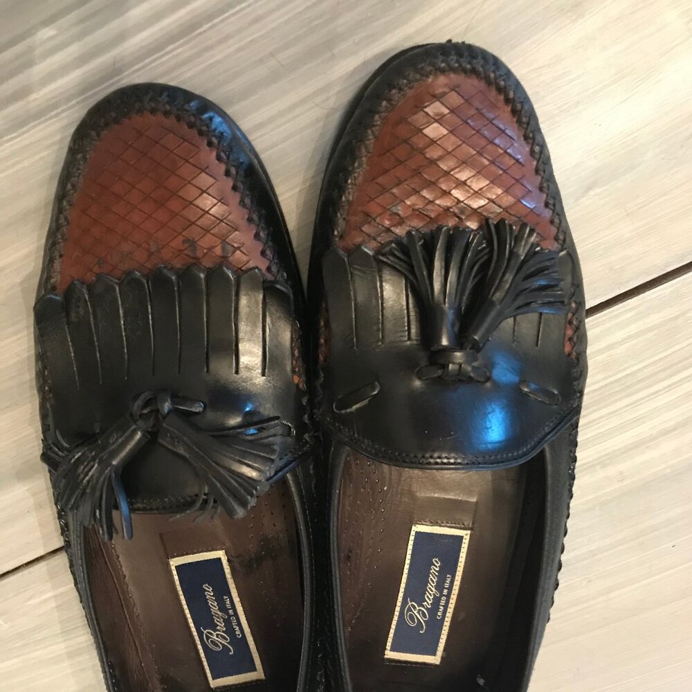 Vintage Cole Haan Bragano Black Leather Woven Loafers, Tassels Size 9.5